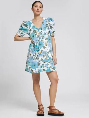 & Other Stories White Mini Dress with Blue Floral Print